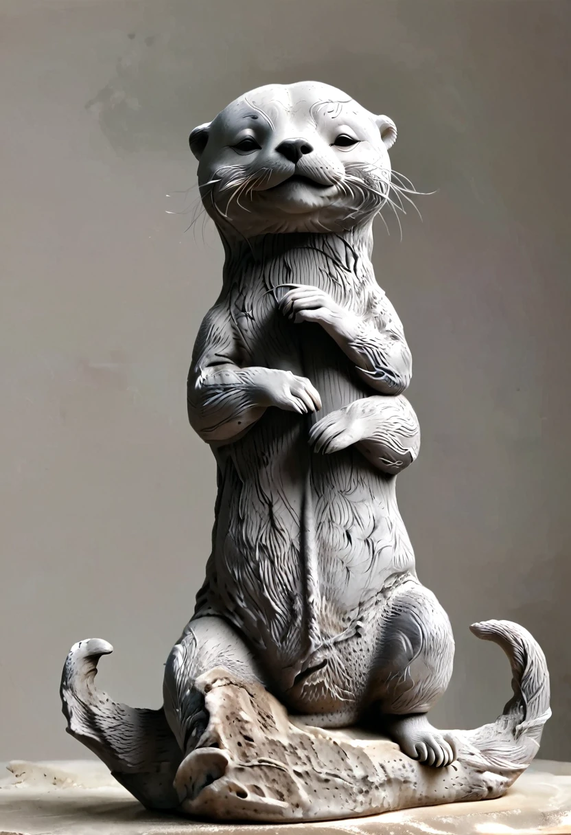 (best quality:1.2),ultra-light Clay, Clay, Pottery, Rough knitted texture, distressed, dirty, mineral pigments, 3D Clay sculpture art, Clay sculpture, Rough surface, (artwork，An Otter，concept art,)