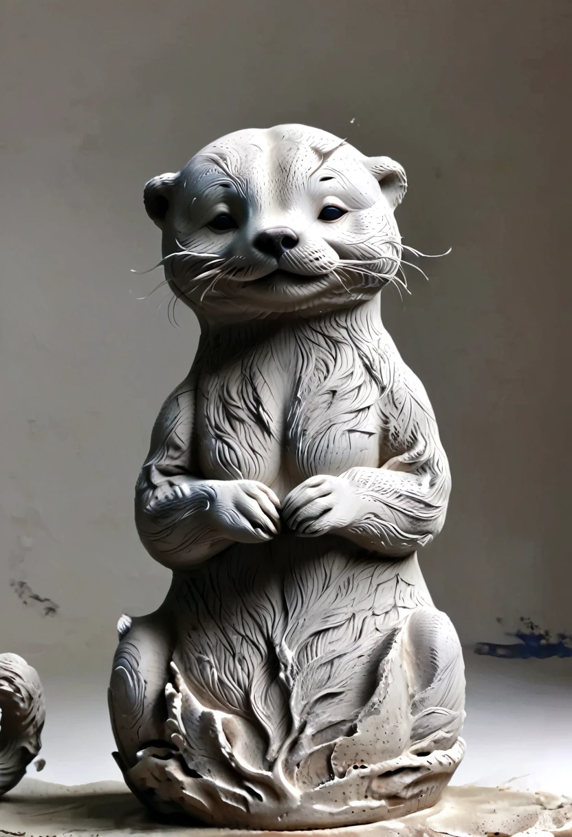 (best quality:1.2),ultra-light Clay, Clay, Pottery, Rough knitted texture, distressed, dirty, mineral pigments, 3D Clay sculpture art, Clay sculpture, Rough surface, (artwork,An Otter,concept art,)