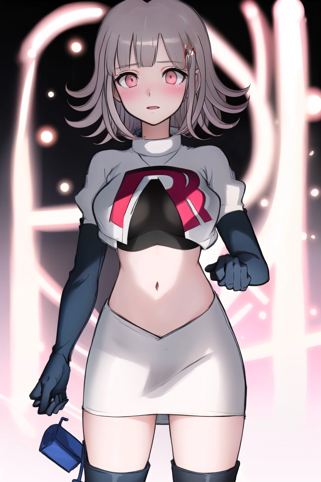 1girl, solo,Chiaki, hair ornament, hairclip, breasts,light pink hair, medium hair, cowboy shot, blushes, (perfect hands), team rocket,team rocket uniform,white skirt,red letter R,crop top,black thigh-highs,black elbow gloves