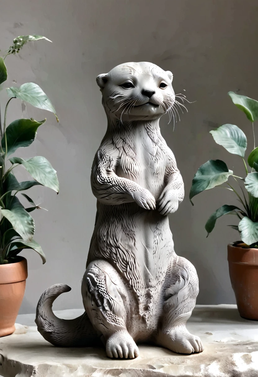 (best quality:1.2),ultra-light Clay, Clay, Pottery, Rough knitted texture, distressed, dirty, mineral pigments, 3D Clay sculpture art, Clay sculpture, Rough surface, (artwork，An Otter，concept art,)