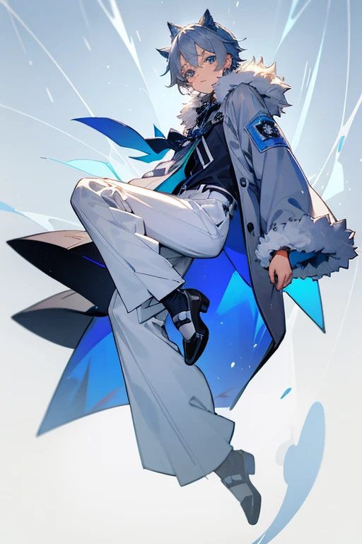 12 year old boy, silver hair, azure eyes, full body, azure goggles, silver wolf fur jacket, white pockets Trouser pants, babysitter, nursery,