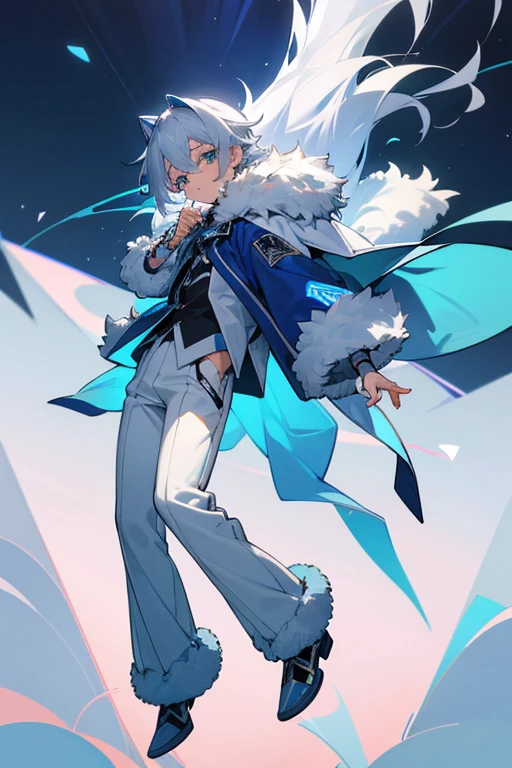 boy, silver hair, azure eyes, full body, azure goggles, silver wolf fur jacket, white pockets Trouser pants, babysitter, nursery,