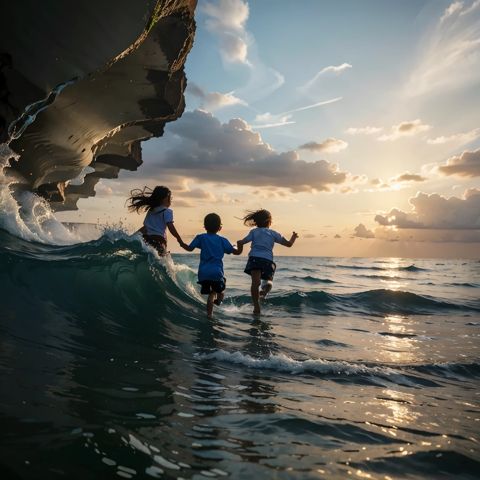 Children running in the waves of fish
