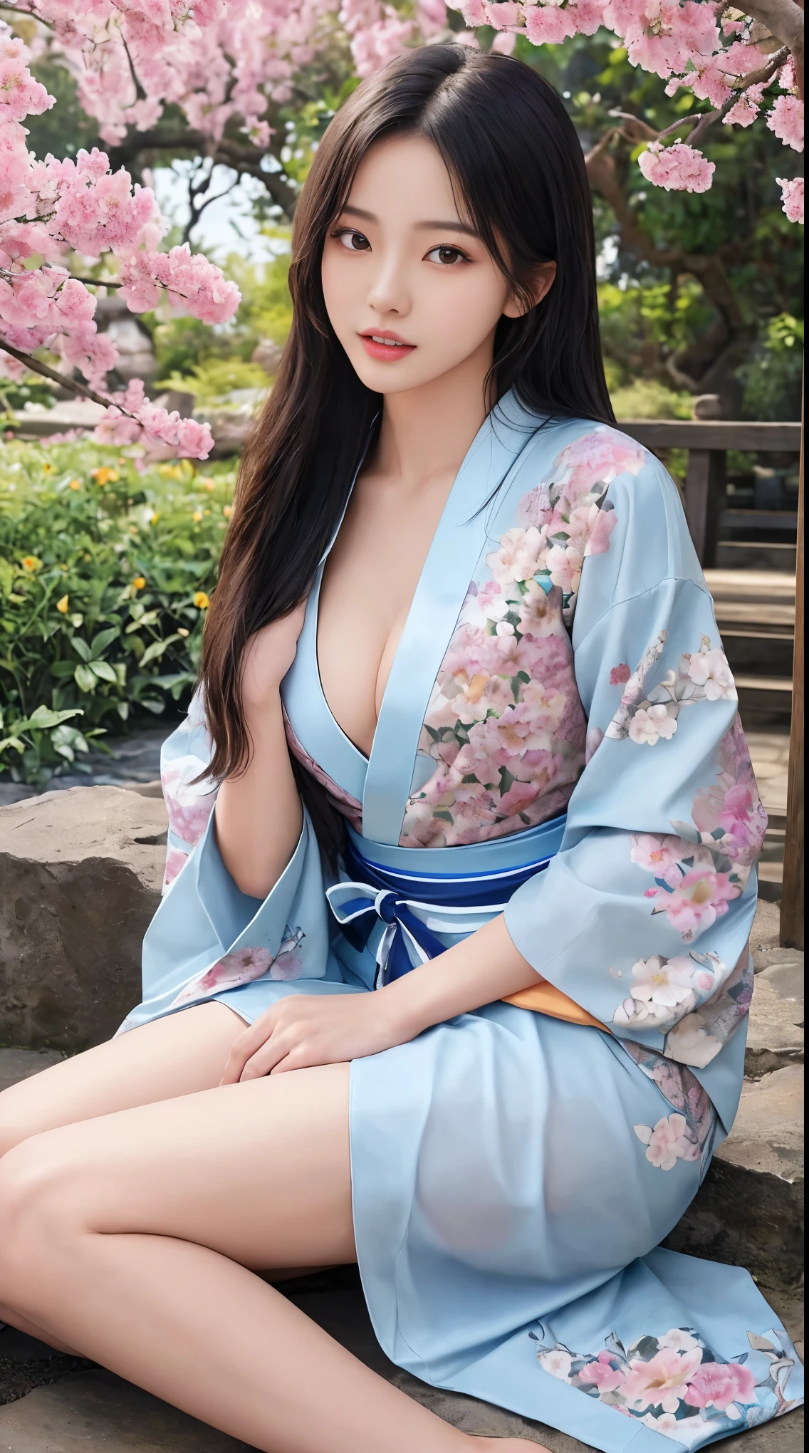 最high quality、high quality、Best image quality、8k、最High resolution、High resolution、最high quality、masterpiece、RAW Photos、whole body写真、Detailed and realistic human body、Detailed and realistic skin、Realistic face in every detail、Detailed and realistic eyes、Detailed and realistic lips、Detailed and realistic teeth、Detailed and realistic ears、Detailed and realistic hair、Realistic reproduction of every detail、細部までリアルなreferenceする、((Perfect and beautiful5referenceする(親referenceする1reference4))、Realistic feet down to the last detail、((Beautiful Japanese Girl))、(Japanese Model)、((18 year old beautiful girl))、(Black Hair)、(Straight hair)、((whole body))、((Slim and perfect figure))、(Beautiful, perky breasts)、(whole body光沢肌、Fair skin)、Soft natural light、China dress、kimono、Ninja costume、Japanese tradition、Japanese garden、((Colorful see-through(Floral Ninja Costume))、((Natural poses in the garden to make your thighs look beautiful))、((A subtle hint of skin))
