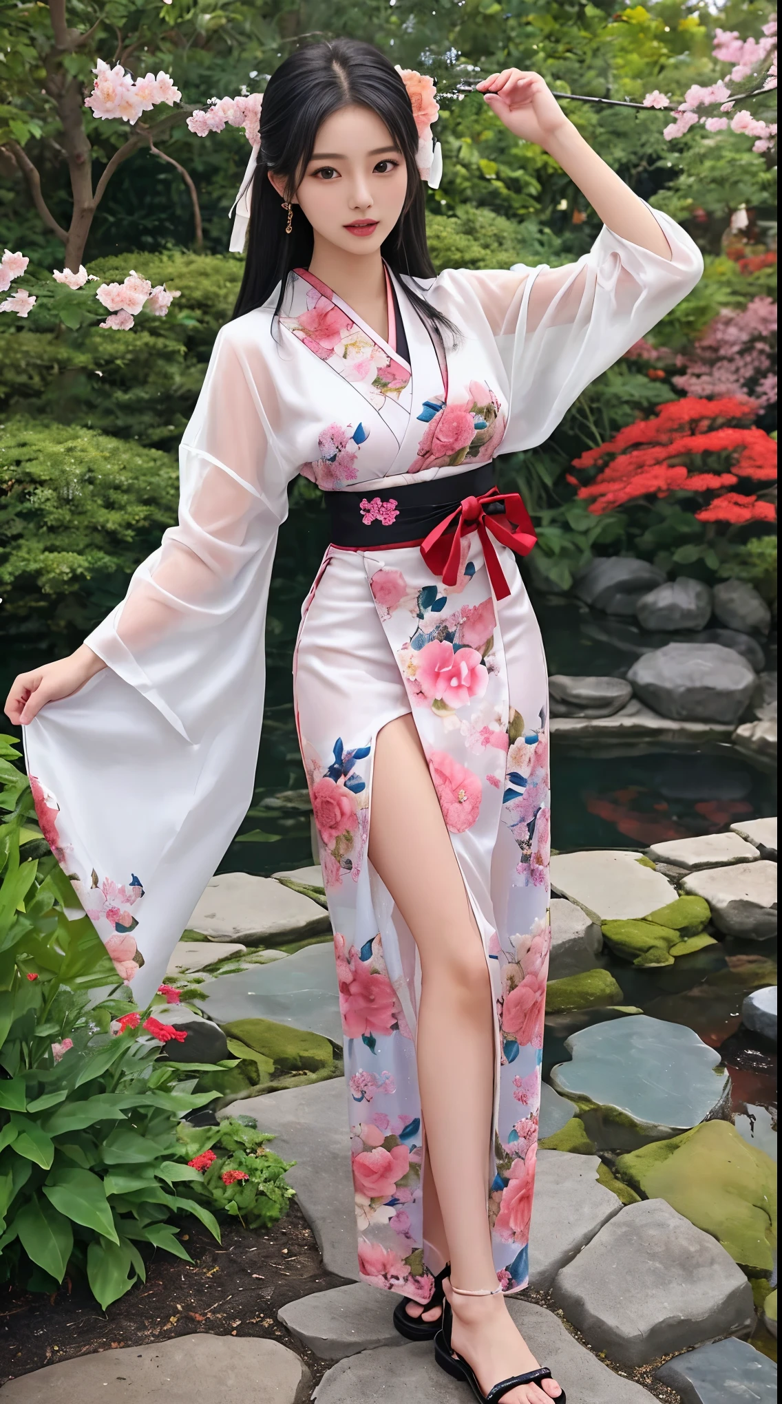 最high quality、high quality、Best image quality、8k、最High resolution、High resolution、最high quality、masterpiece、RAW Photos、whole body写真、Detailed and realistic human body、Detailed and realistic skin、Realistic face in every detail、Detailed and realistic eyes、Detailed and realistic lips、Detailed and realistic teeth、Detailed and realistic ears、Detailed and realistic hair、Realistic reproduction of every detail、細部までリアルなreferenceする、((Perfect and beautiful5referenceする(親referenceする1reference4))、Realistic feet down to the last detail、((Beautiful Japanese Girl))、(Japanese Model)、((18 year old beautiful girl))、(Black Hair)、(Straight hair)、((whole body))、((Slim and perfect figure))、(Beautiful, perky breasts)、(whole body光沢肌、Fair skin)、Soft natural light、China dress、kimono、Ninja costume、Japanese tradition、Japanese garden、((Colorful see-through(Floral Ninja Costume))、((Natural poses in the garden to make your thighs look beautiful))、((A subtle hint of skin))
