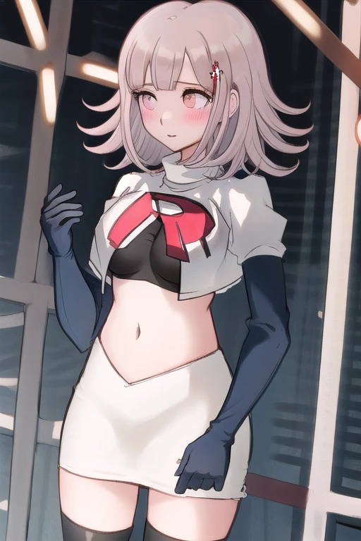 Transparent chest,Sheer belly,See-through crotch area,Transparent thighs,See-through bodysuit,Shiny glossy latex Asuka suit,ピンクの髪とリボンが付いた短いボディスーツを着たアニメのcrossdresser, With index finger, sexy Modest pose gesture, Haruno sakura, , 魅惑的なアニメのcrossdresser, holding a Modest pose, Anime female full body art, Modest pose gesture, corner, Modest pose, Neutral Pose, that's it,crossdresser