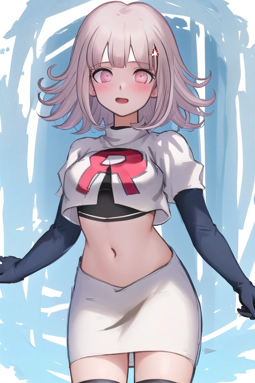 1girl, solo,Chiaki, hair ornament, hairclip, breasts,light pink hair, medium hair, cowboy shot, blushes, (perfect hands), team rocket,team rocket uniform,white skirt,red letter R,crop top,black thigh-highs,black elbow gloves