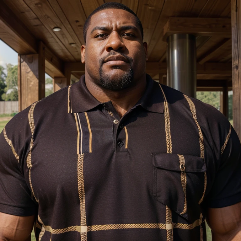 A big bodyguard with exaggerated muscles, strong figure, beard, Dark skinned african american man, Square Line Buzz Hairstyle, (A worried expression: 1.2), (Wearing a plaid polo shirt: 1.2), (Bara pectoralis: 1.3), (Arm and chest hair: 1.1), Portrait HD, woodcutter, (sunny meadow)
