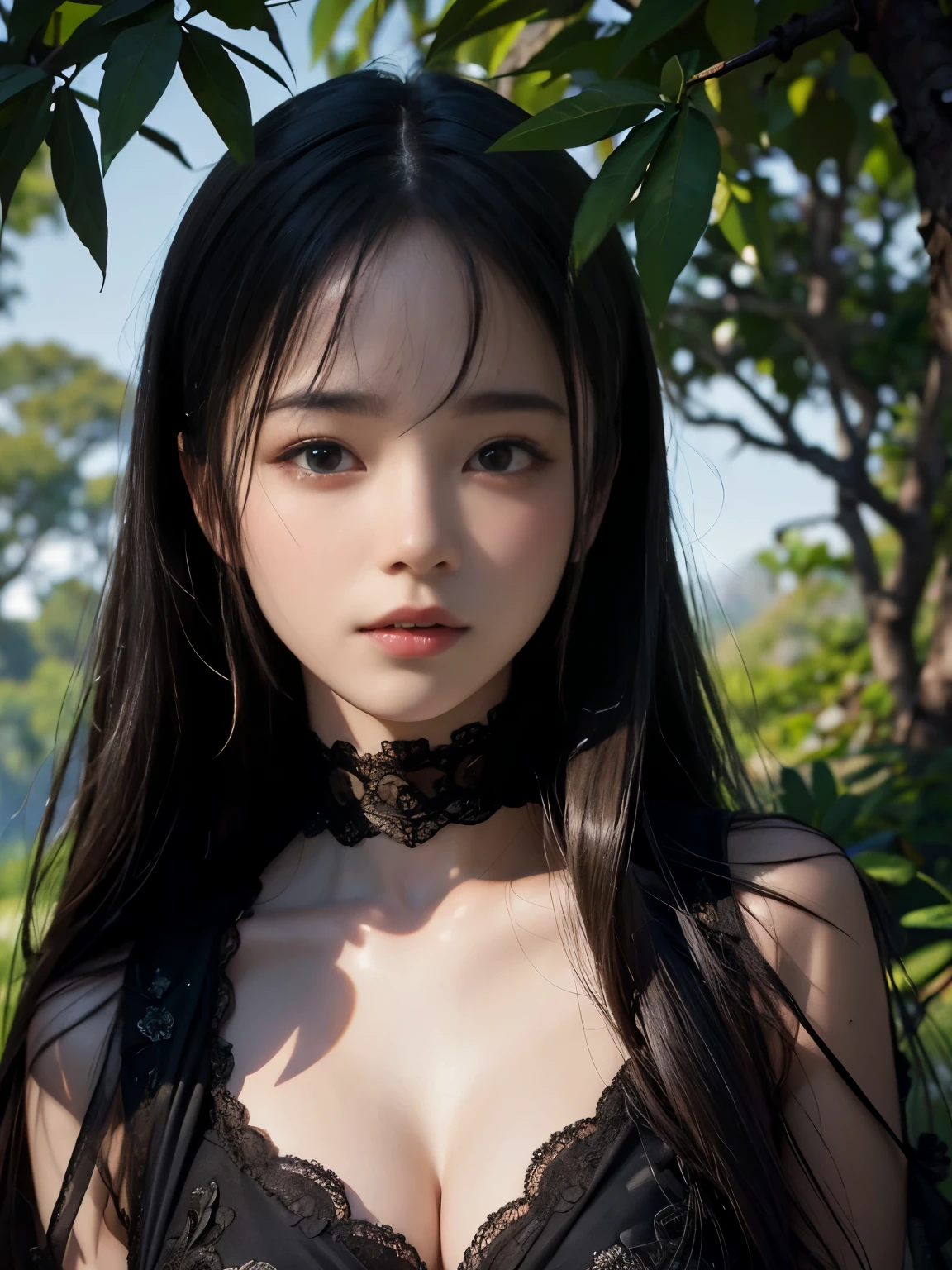 (ultra realistic) , (illustration), (increase resolution), (8K), (extremely detailed), (best illustration), (beautiful detailed eyes), (best quality), (ultra-detailed), (masterpiece), (wallpaper), (detailed face), solo,1 girl, looking at viewers, black straight hair, delicate details, in the dark, deep shadow, low key, pureerosfaceace_v1, happy smile, summer dress, full body, forest