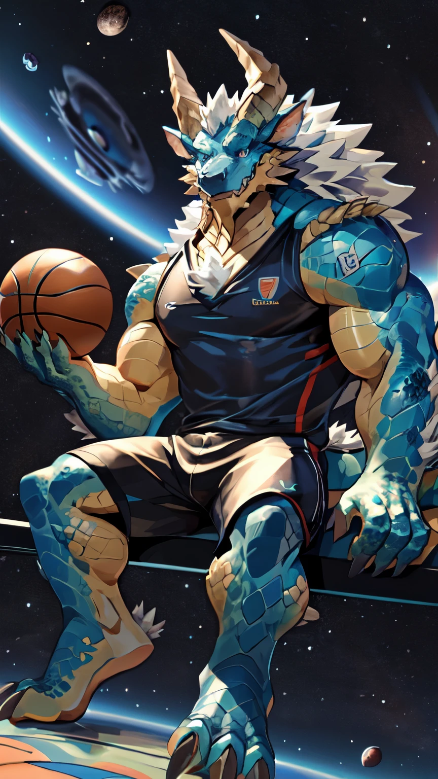 (full body), (soft shading), 4k, hi res, Zinogre, (dragon), Two-color, dragon's eyes, Perfect eyes, Handsome, wearing white basketball jersey, (Happy eyes),look at viewer,(dragon horn),(dragon tail),(16K),White belly, Basketball in hand, extremely big smile, macro, sitting on a tiny planet, in space