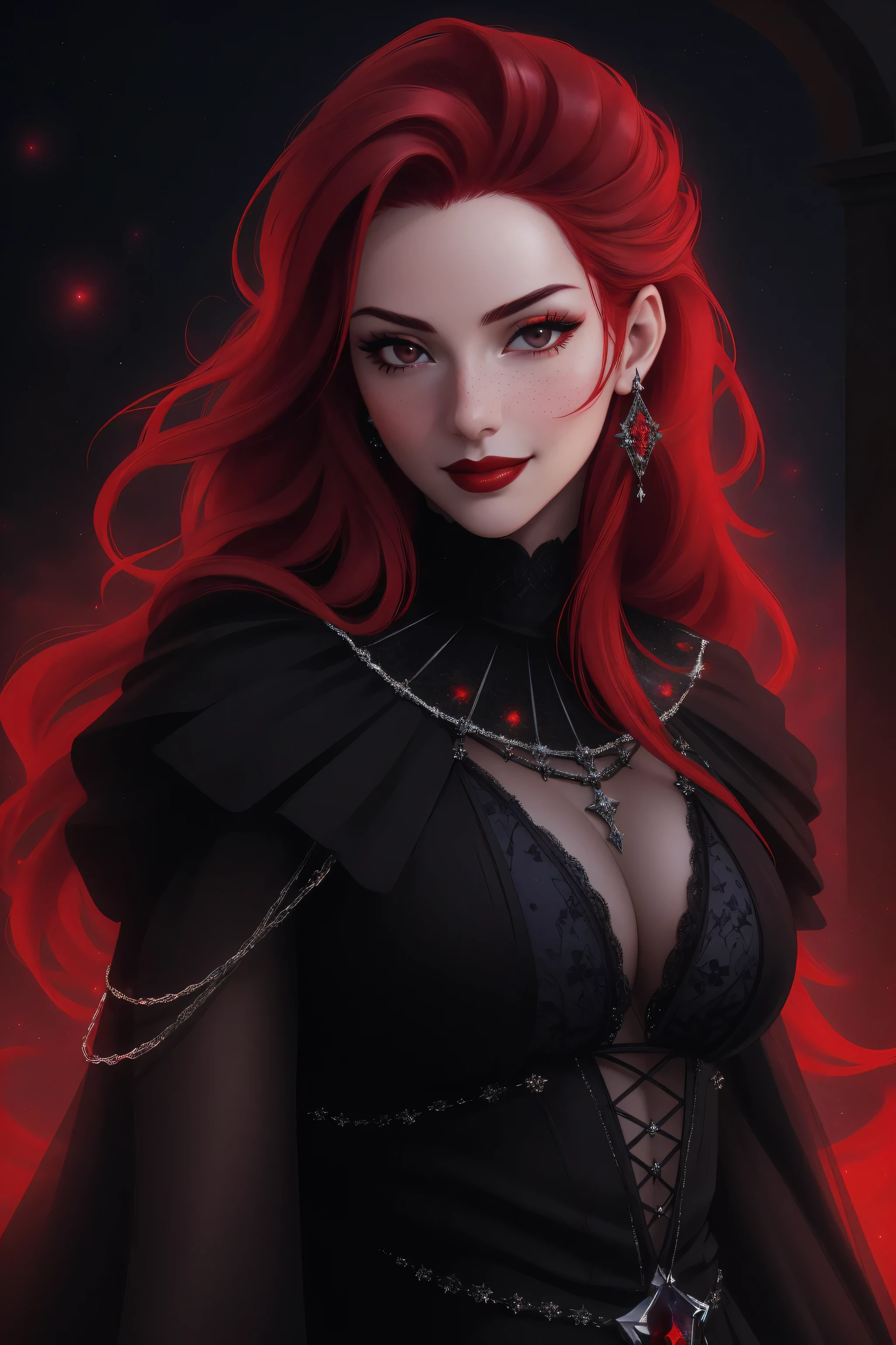 (Masterpiece - Ultra-Detailed, High Resolution) ((vivid red hair)), mature woman, 30 years old, diamond face, red starry sky background, depth of field, magic, big red lips, ((dark and black eyes)) black and red long and full dress, covered chest, mystical atmosphere, ominous shadows, Intense blue aura, Intense red aura (best quality:1.2), absurdres, intricate details, (highly detailed skin:1.2), smile expression, posing, taut and well defined body, attractive. Highly realistic, white skin, beautiful, hyperrealism, skin very elaborated, direct gaze.