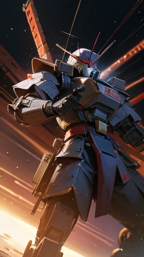 Giant mecha-samurai fighting against aliens in the outer space