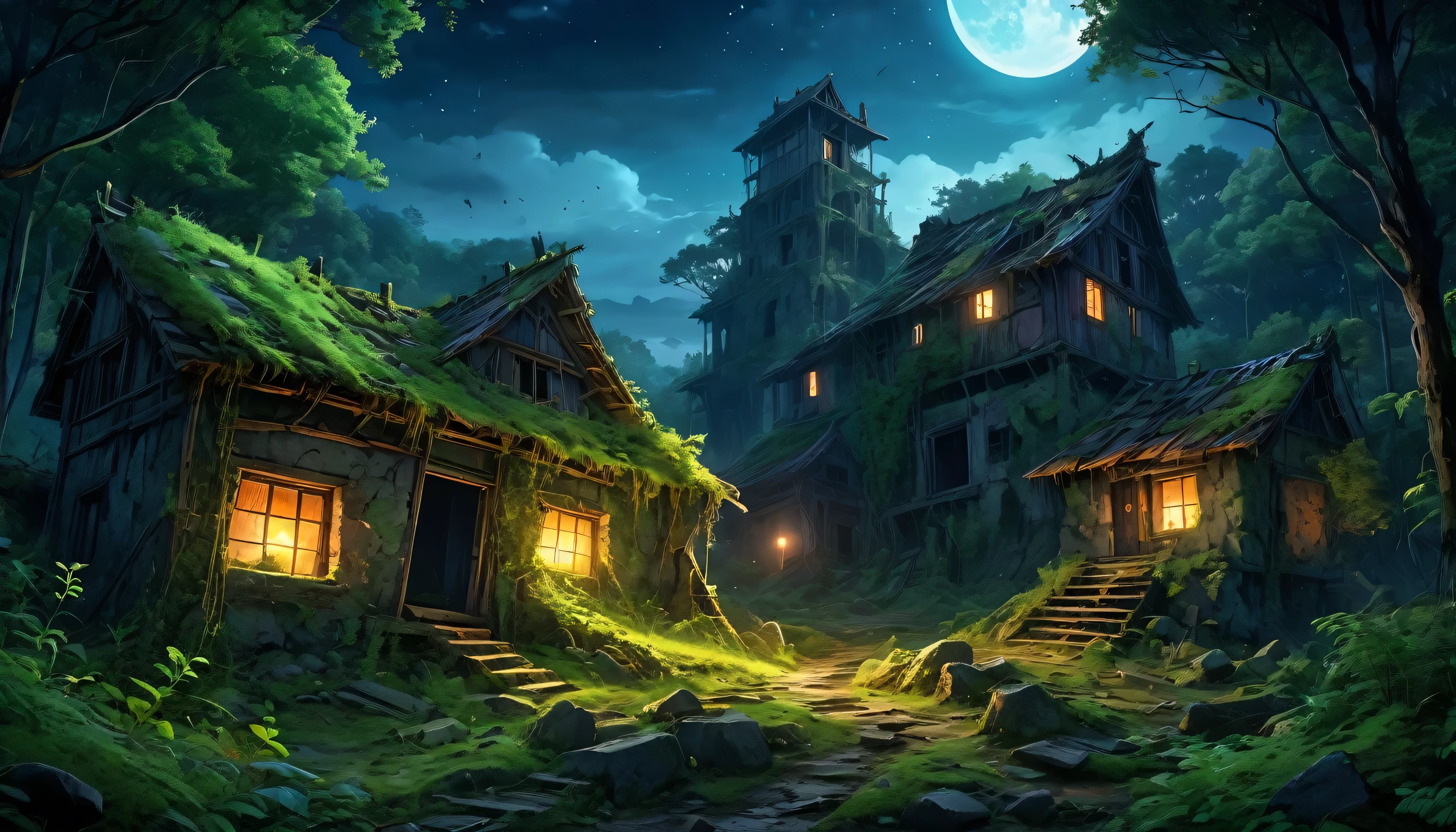 (anime, fantasy),(best quality, highres, HDR:1.2),vibrant colors, mysterious atmosphere, gloomy, spooky, overgrown abandoned village in the forest, house, thick forest, (crumbled ruins, no light source), boulder spread out, dead vegetation, ((night, dark atmosphere)), fantastical landscapes