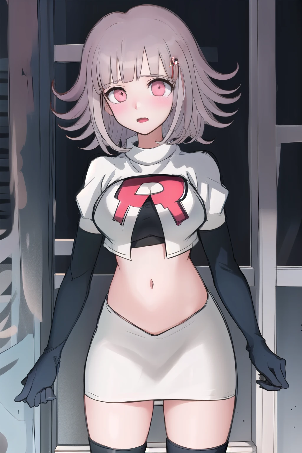 1girl, solo,Chiaki, hair ornament, hairclip, breasts,light pink hair, medium hair, cowboy shot, blushes, (perfect hands), team rocket,team rocket uniform,white skirt,red letter R,crop top,black thigh-highs,black elbow gloves