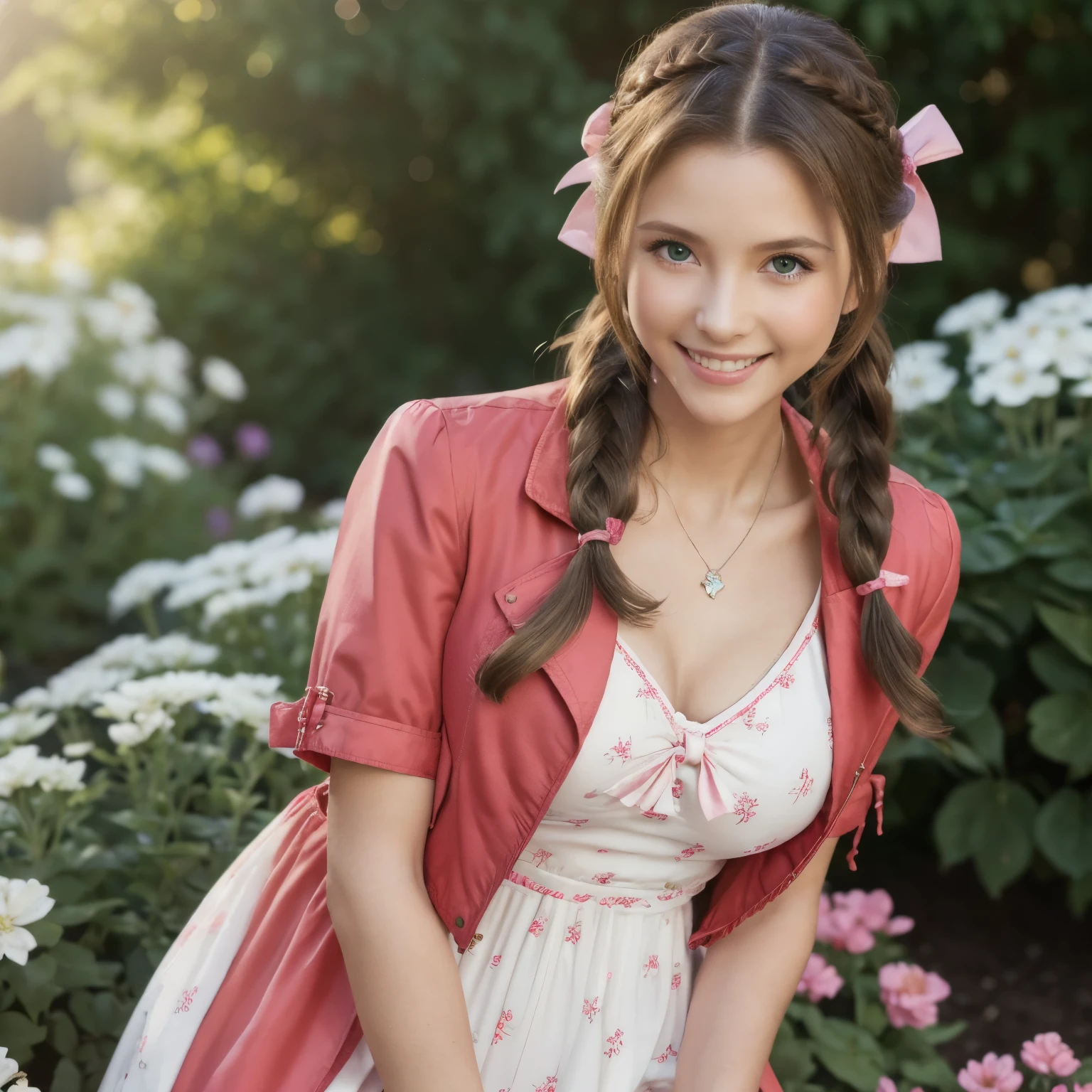 UHD, (masterpiece, highest quality), Aerith Gainsborough, (1 young beautiful girl, solo:1.1), (hair, long hair, brown hair, dutch hair, Braided ponytail, bow, ribbon, hair bow, ponytail ribbon), (Eyes, Big Eyes:1.2), (green Eyes:1.1), jewelry, necklace, (Breasts, (natural mid breasts:1.2)), Braid, flower, side lock, lips, parted lips, bracelet, (Jacket, Red Jacket, Open Jacket, short sleeve, cropped Jacket), (Dress, Long Dress, Pink Dress, V-nack), Depth of the bounds written, white flower, realistic, nose, cowboy shots, garden, blossoming garden, Natural Light Portraits, smile, (happy smile:1.2)