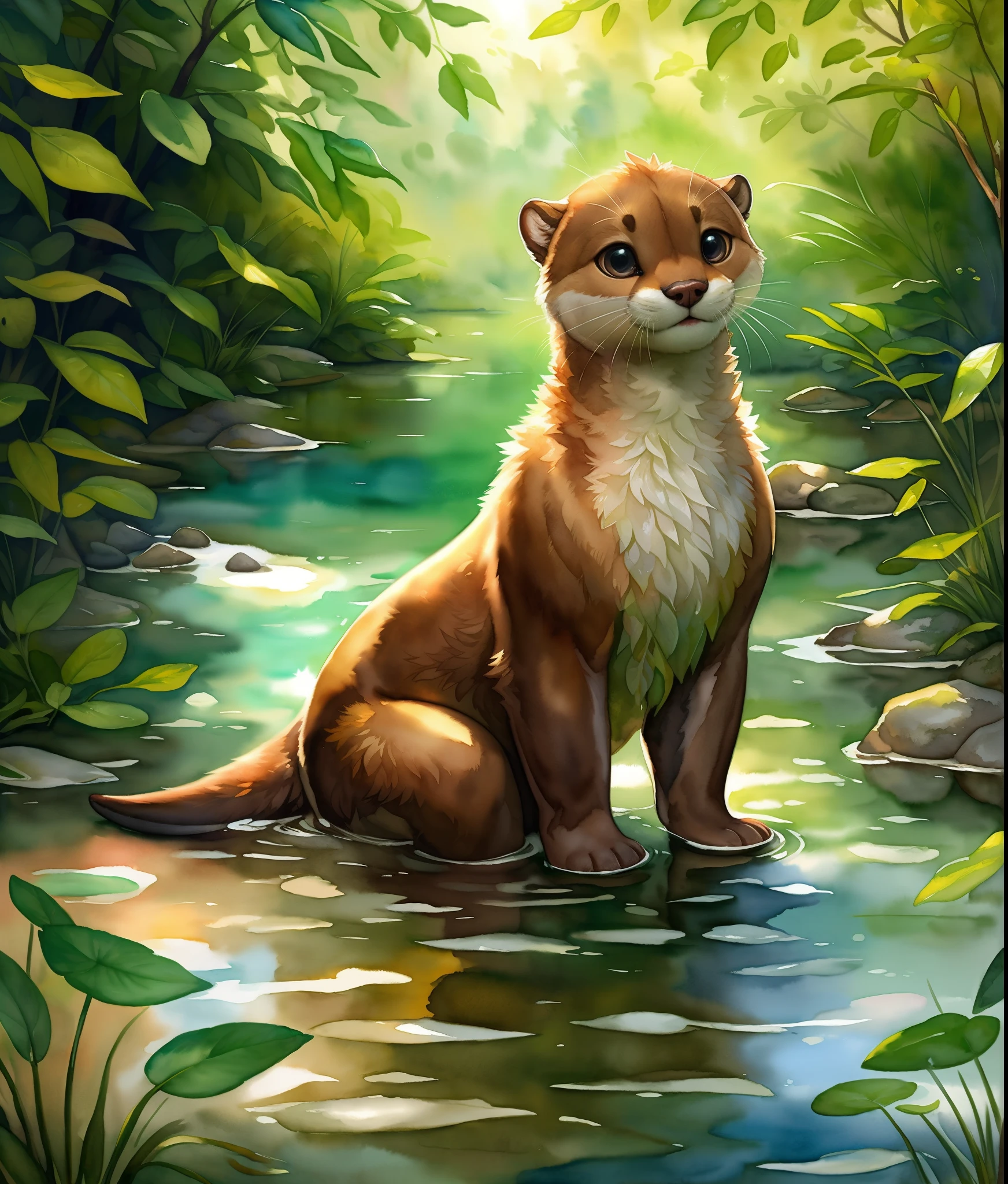 An otter playing in the water, clear river, green leaf background, cute expression, detailed fur, lively posture, high-resolution,illustration,watercolor painting,ultra-detailed,realistic,photorealistic,colorful,soft colors,vivid,backlit.