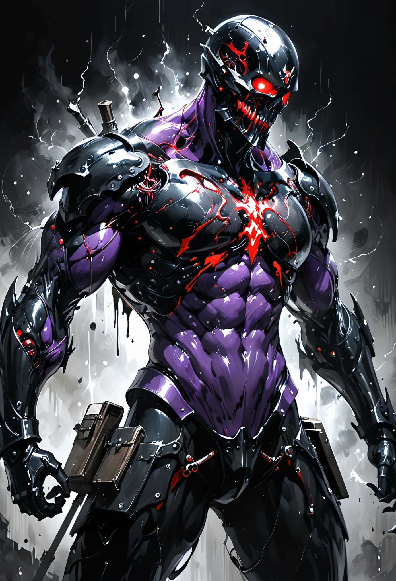 in style of Ashley Wood,1boy,role conception,terror blood,((death sign)),very detailed,more details,smooth and smooth strokes,shiny black|light red|dark purple Mandelbrot bodysuit armor,Portable heavy weapons,Exposed abdominal muscle fibers, Glowing Veins，（（muscular））,Miracle celestial body,The best quality, masterpiece, highly detailed, semi realistic,