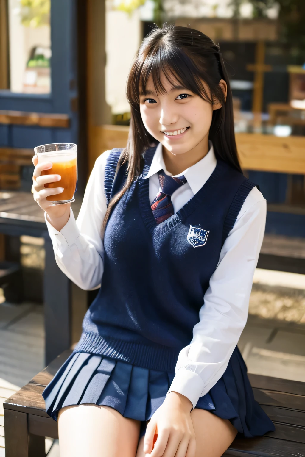 (masterpiece:1.2), Japanese, (18 years old), (a girl), ((school uniform)), dark blue knit vest, smiling, drinking something in an open-air cafe, thighs,