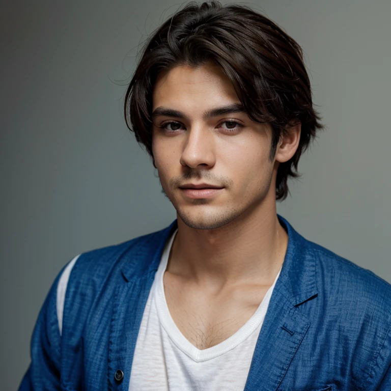 Haz un chico con ropa casual, pelo rubio, ojos azules, y fondo azul