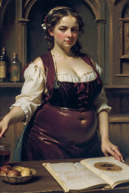 (Masterpiece), (detailed), (high res), (high quality), medieval painting of pudgy barmaid