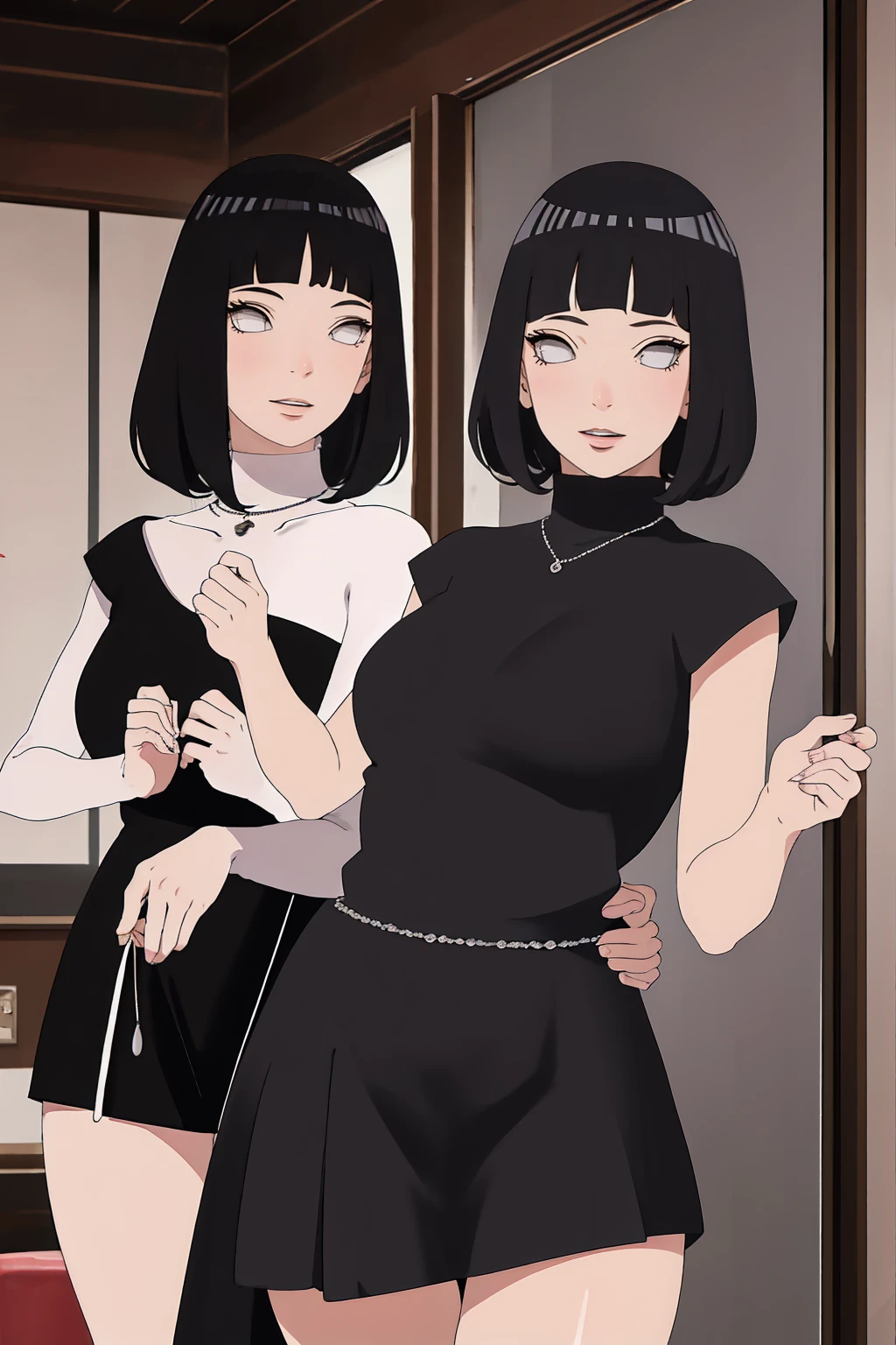 (work of art, ultra detali,high resolution,8K), 2 girl ,Two,hinterland,Look to viewer, TochaTortura, trunk,sheen,brunette skin,tight white turtleneck sweatshirt,black socks,standing,brava,horns on head,blushed,face red,arms crossed,room,plant,Eyes red,black short skirt,black glove,big breasts