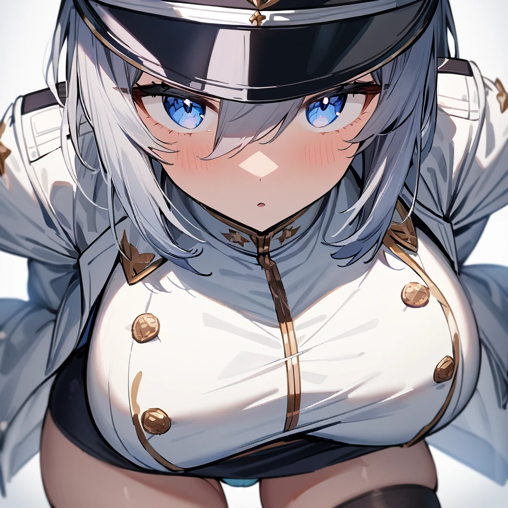 1 girl,Solo,between thighs,masterpiece best quality,very aesthetic,absurdres,two-tone hair,medium bangs,big breast,crotch,silver and blue,Bluish silver,military hat,White jacket,jacket,sleeve,miniskirt,front view,stocking,(open),panties,Bluish)