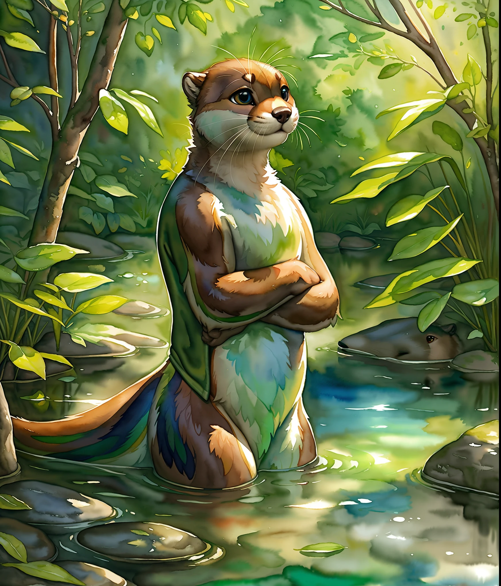 An otter playing in the water, clear river, green leaf background, cute expression, detailed fur, lively posture, high-resolution,illustration,watercolor painting,ultra-detailed,realistic,photorealistic,colorful,soft colors,vivid,backlit.