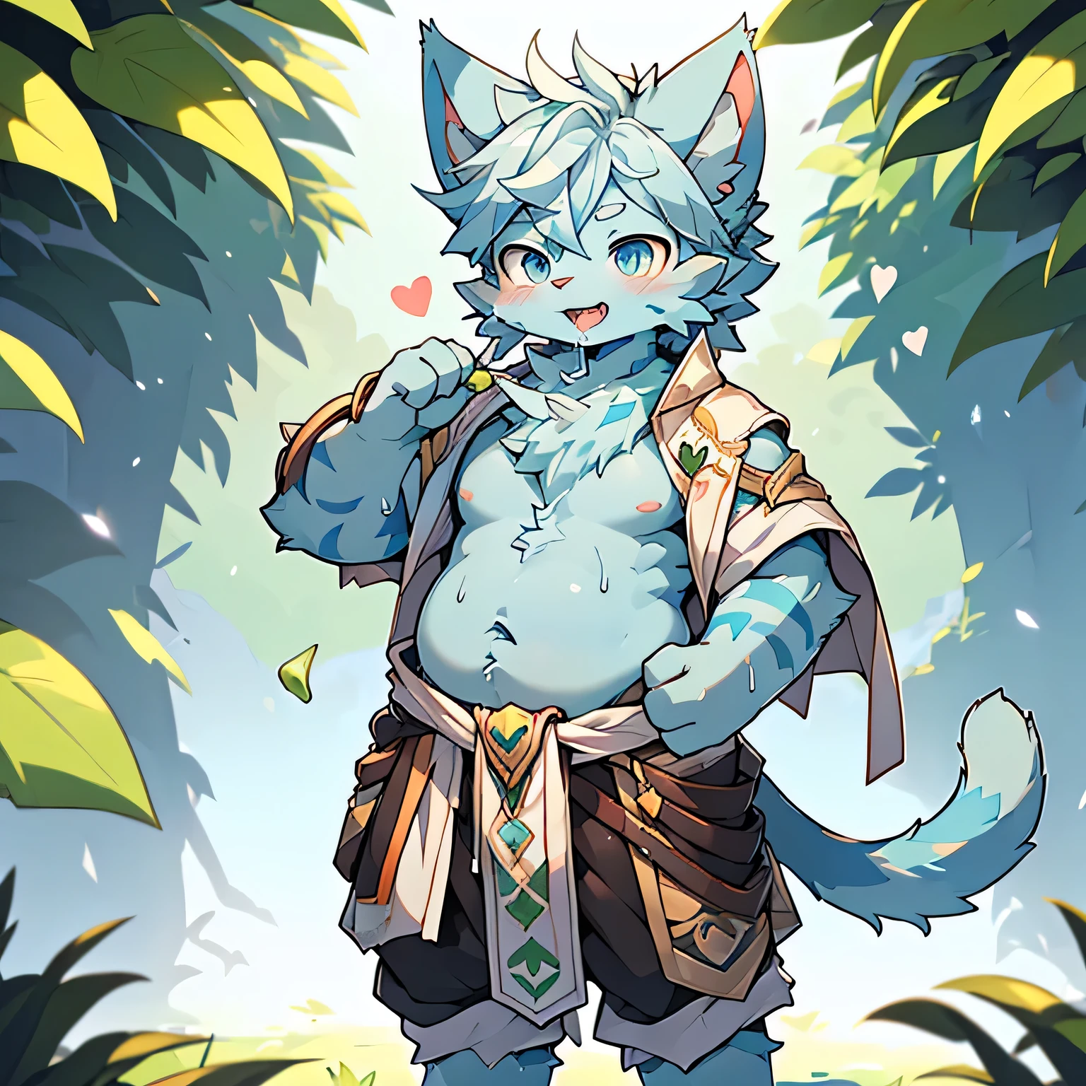 The only person,(Male cats:1.5), (blue skin:1.3), hairy,(Light blue fur:1.3),((Heart pupil)) ,(White ears),(Blue and white hair),(hairy animal ears),Wrapped in slime,Covered with hair,Wear adventurer's clothes,There are a lot of green slimes on the body,The hair was wet with green liquid,saliva,Fine hair,Front view,Full body portrait,There are a lot of green slimes on the face,There is a lot of green slime on the hair,Perfect sunshine,There are many green slimes under you,Standing posture,Stroking his belly,Slime Background,Complete clothes,Pink nipples,estrus
