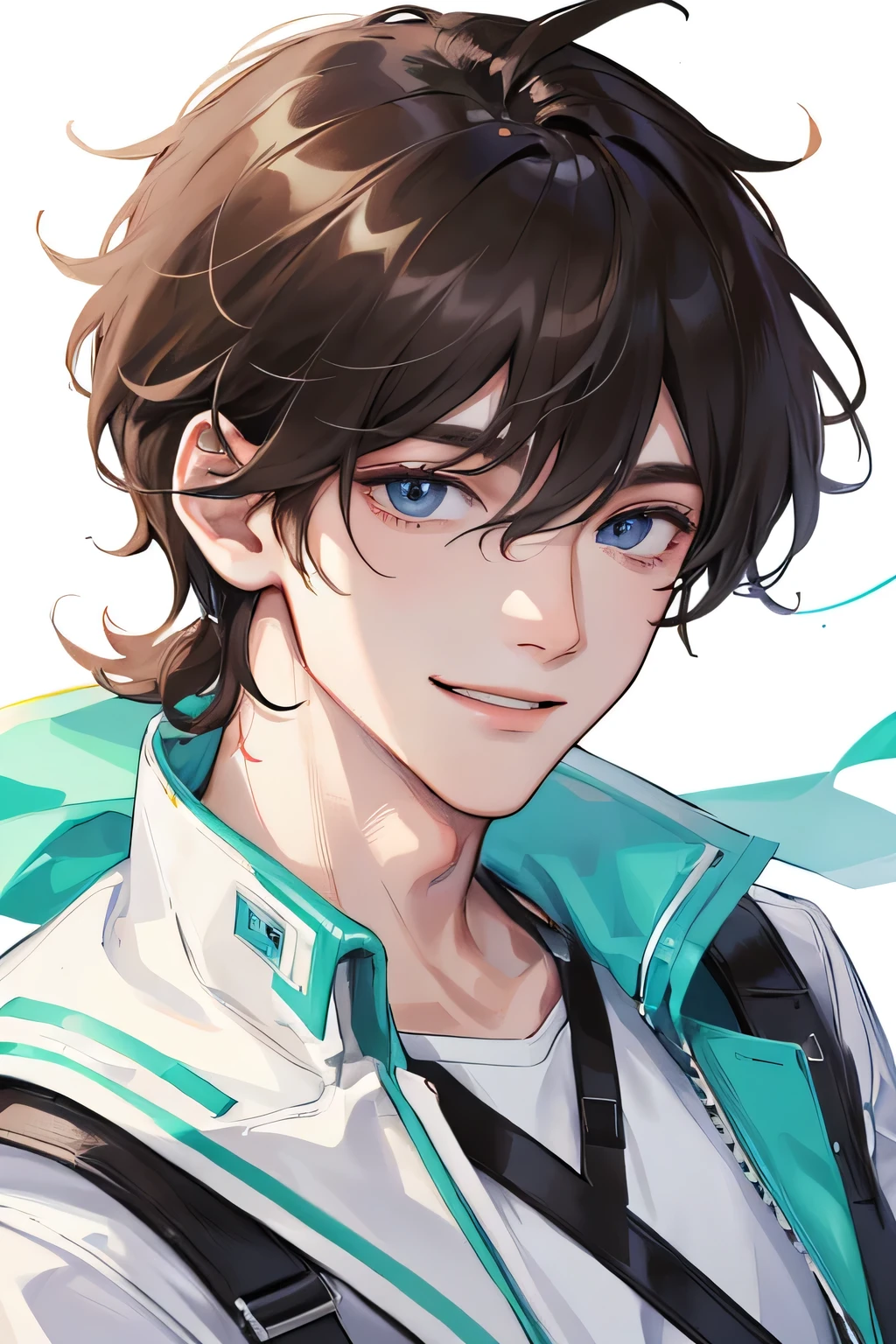 (Top resolution、Distinct_image)top-quality、male focus, solo, 1boy, white background, looking at viewer, view from the front, potrait, day, smiling, perfect eyes, casual clothing, college student,