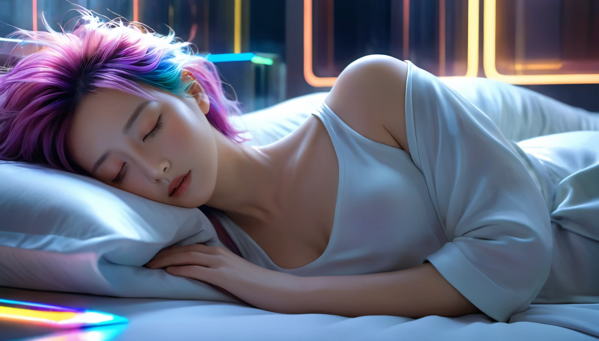 (best quality,8k,ultra-detailed:1.2),(CG,CG art,3D rendering),(masterpiece:1.2),（Crawling on the table），（Sexy clothing），(movie lighting,futuristic),(woman lying in bed,sleeping,closed eyes),(large window behind her,tranquil night),(colorful hair:1.5)