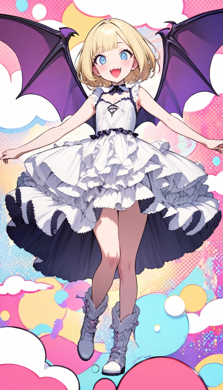 highest quality, Super quality, 16k, Incredibly absurd, Very detailed, delicate and dynamic, Cute and beautiful cute vampire, Big Blue Eyes, Grin, Short blonde bob cut with bangs, Captivating look, Excited expression, She is wearing a white dress with white lace and frills, White short boots, Best body shape, Big purple wings like a devil or a bat, Red glossy lips, Background of white clouds and pastel colored dots, Pop Art