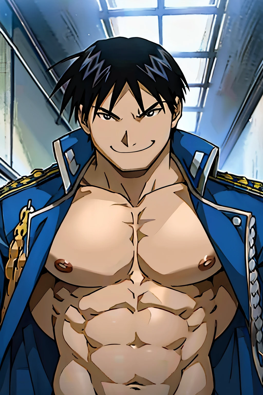 Roy Mustang from Full Metal Alchemist, shirtless, focused from below the chest, smug smile, posing like a bodybuilder