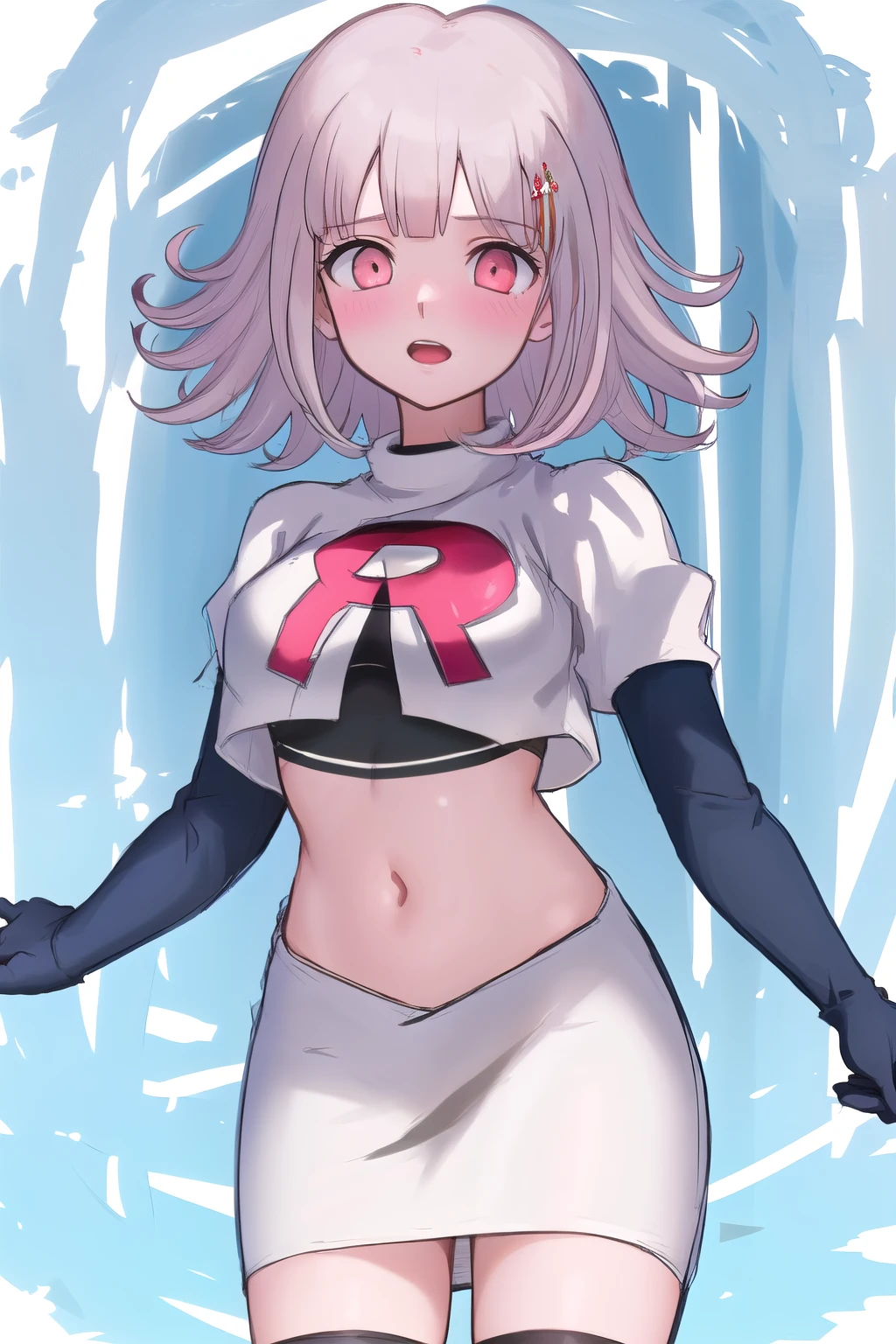 1girl, solo,Chiaki, hair ornament, hairclip, breasts,light pink hair, medium hair, cowboy shot, blushes, (perfect hands), team rocket,team rocket uniform,white skirt,red letter R,crop top,black thigh-highs,black elbow gloves