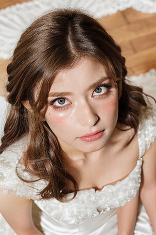 Woman on knees, oval face, (((from above))), crying, sad, distressed, wedding dress, brown long hair, (((looking at viewer))), runied makeup, fit, atlethic body,