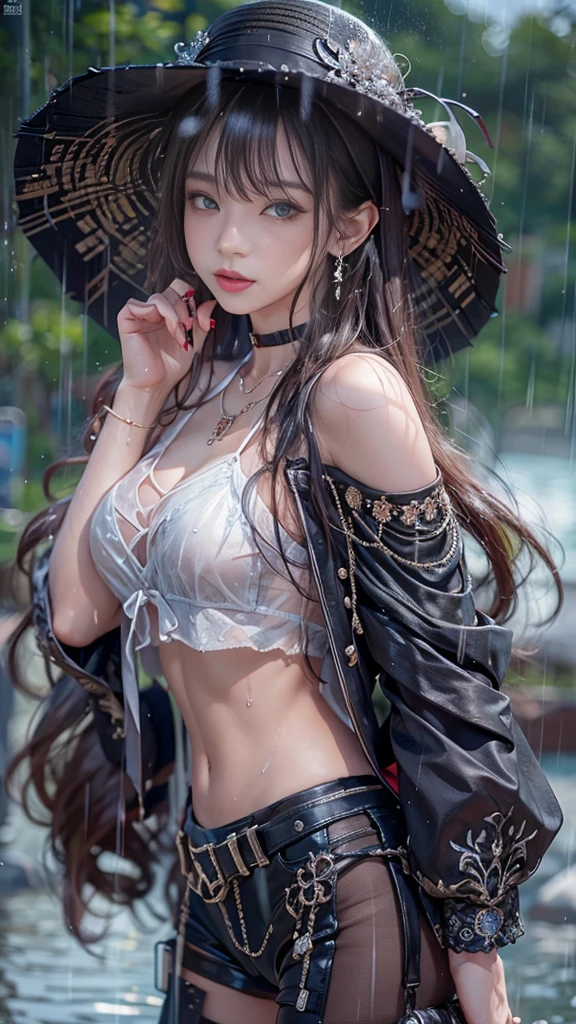(RAW shooting, Realistic:1.5, 8k, highest quality, masterpiece, Ultra-high resolution), night, Expressions of sadness:0.7, (Typhoon heavy rain), Highly detailed skin and facial textures:1.3, Perfect dynamic composition:1.0, A slim high school girl wet with rain, Sexy beauty, Perfect Style, beautifully、beautiful, Fair skin, とてもbeautiful顔, (The rain drips down on my body:1.0, Wet Hair:1.0, Wet casual clothes:1.0), Water droplets on the skin, Shapely breasts, Chest gap, A shy smile, Her expression when she felt intense caresses, Facial expressions when feeling happy, (beautiful erotic eyes, beautiful, Sexy lips), (Too erotic, attractive), necklace, Earrings, bracelet, hat, Cowboy Shot, Perfect limbs, Perfect Fingers