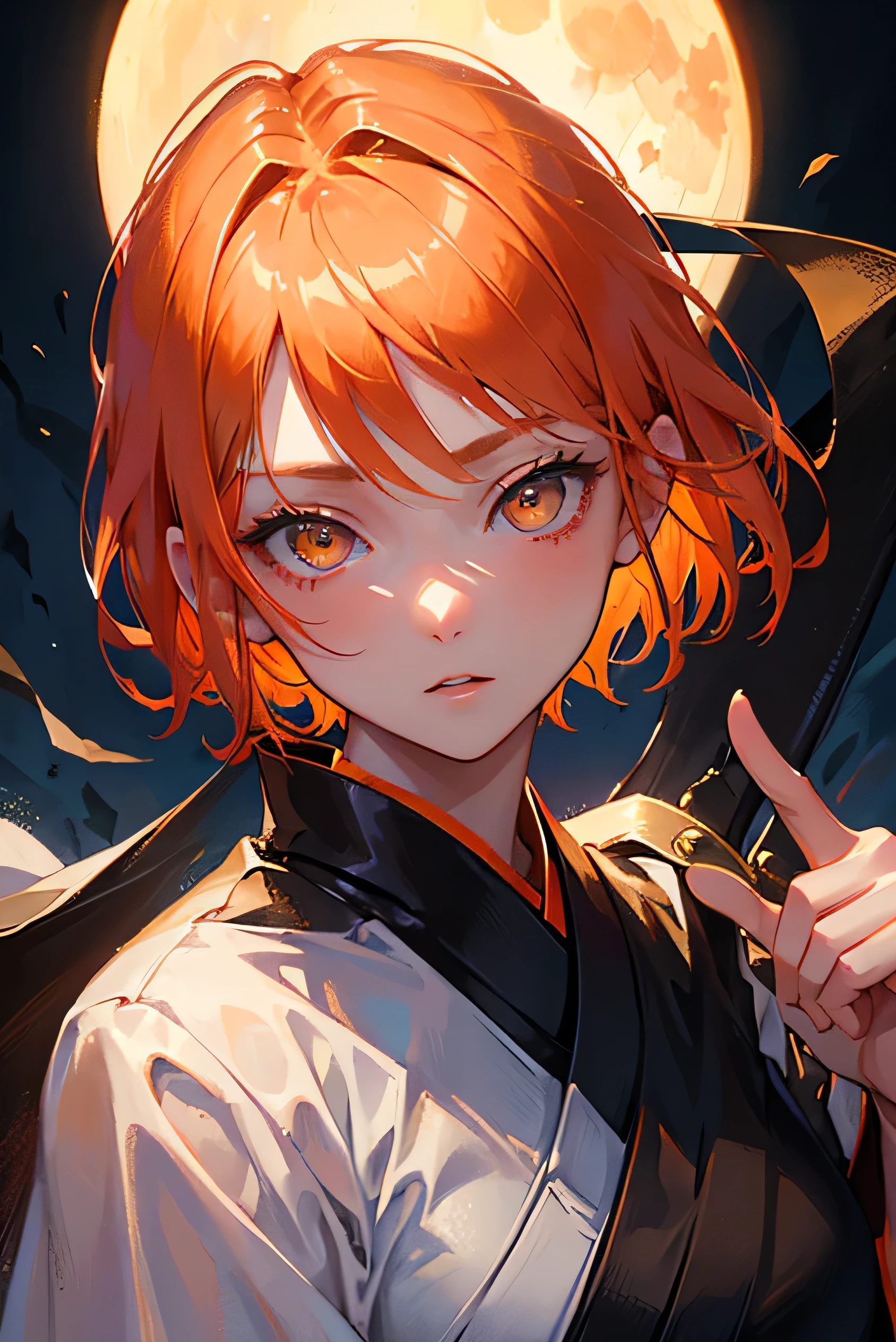 masterpiece, highest quality, so beautiful、up to date、Slender and cool girl, Orange Hair, short hair, Yellow Eyes、Shining Eyes、Beautiful Eyes、An adult woman wearing a black kimono and holding a sword、Moonlit Night、Demon slayer、Face close-up