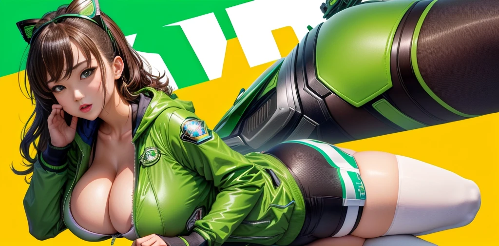 Close-up of a woman in a green jacket and a green bike, Nano Girl, Kamen Rider character, Kamen Rider, Nano Girlv 2, honest, Chiho, Namco, Beasts, Advertising images, high fantasy Kamen Rider, shinkai honest, tsutomo nihie, banner, honest shinka, there is nothing、Camel Toe、Giant tit、Nipple Puffs、Cleavage、Plump、Super big breasts、Super big butt、Cowboy Shot、Dynamite Boat Race