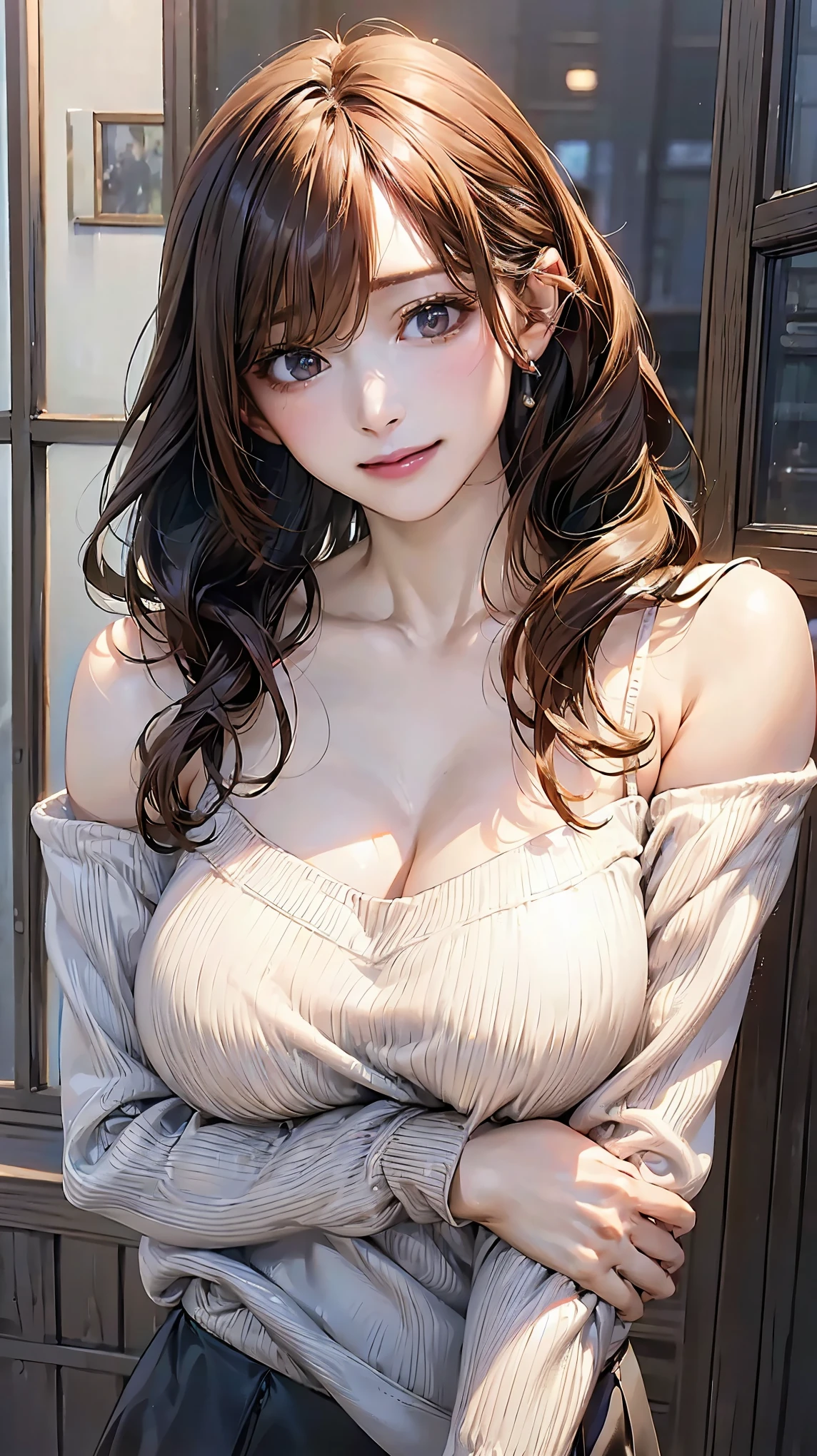 (masterpiece:1.3), (8k, Photorealistic, Raw photo, Best image quality: 1.4), (Random Hairstyles:1.2)、Cleavage:1.2、Super detailed face、Attention to detail、double eyelid、Put your chest together、Sharp focus:1.2、Beautiful woman:1.4、Light brown hair、highest quality、masterpiece、超A high resolution、(Photorealistic:1.4)、Highly detailed and professionally lit smile、(Loose:1.2), lightweight knitwear、off Shoulder knitwear、thin、Serious expression、Deadly position、detailed knit,(huge breasts:1.3),erect nipples:1.2,high waist skirt,