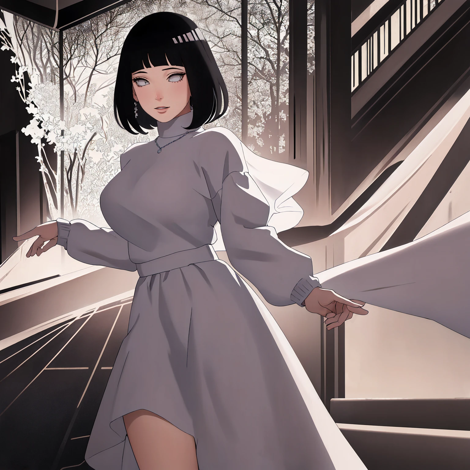 (Masterpiece - Ultra-Detailed, High Resolution) Prepare to be enchanted by a true masterpiece that combines ultra-detailed art with high-resolution rendering. This work shows a mesmerizing woman, with short, light black hair, 1950s style, Hinata (1.3) and captivating dark brown eyes (1.2), New York illustration style, wearing red lipstick, emanating an aura of elegance and mystery. Wearing classic 1950s clothing. sexy. Intricate details and realistic textures invite you to explore every aspect of this enchanting composition. Transparent white dress. Dancing lithly, dynamic poses, mouth closed. Different posture. . Get ready to dive into a world where beauty and craftsmanship merge perfectly.