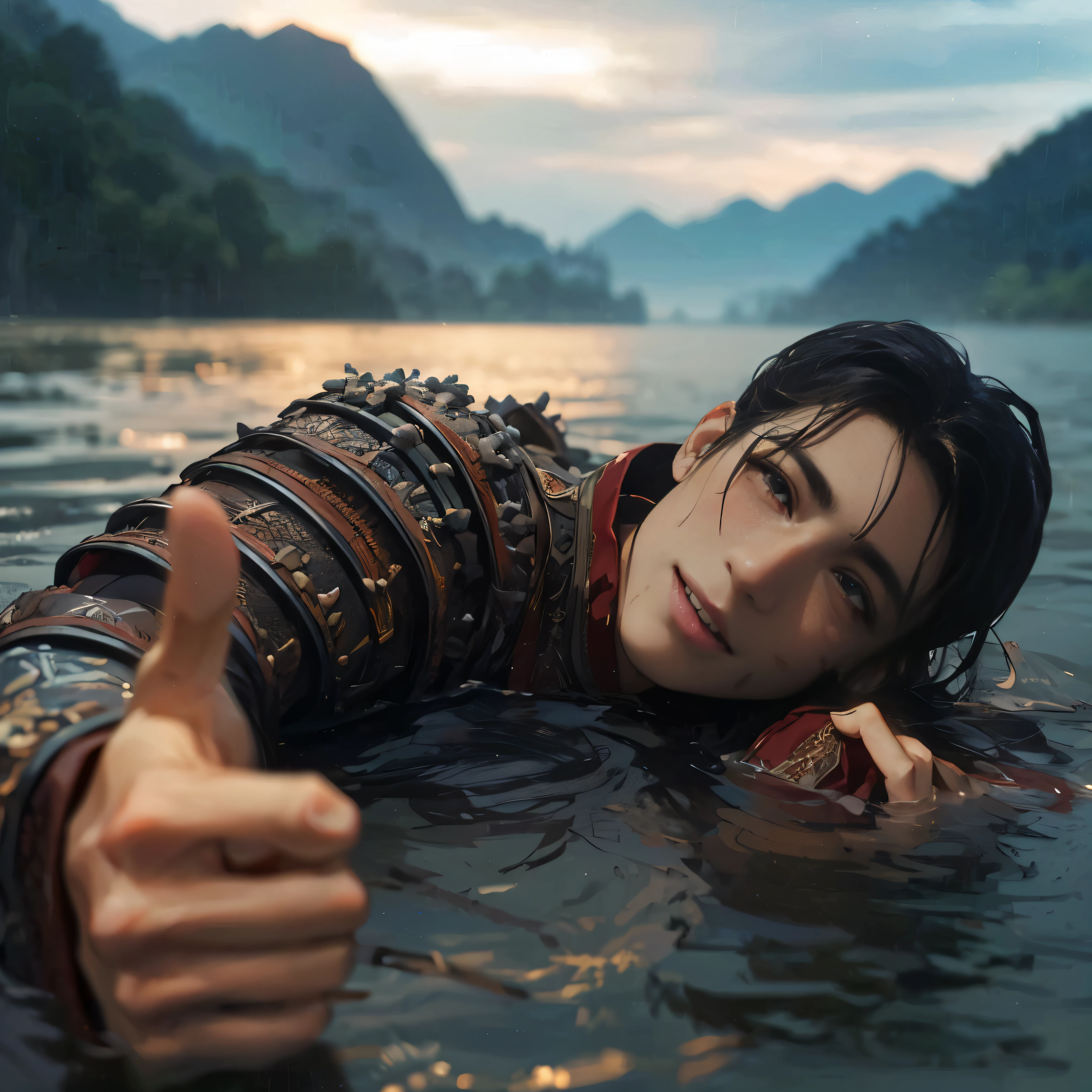(Best Quality:1.2), (high resolution:1.2), (beautiful face and eye:1.5), (sharpest focus:1.2), (Ultra-realistic Photo:1.2), (Ultra-precise Photo:1.2), (Depth of field:1.2), (8k high resolution:1.2). (perfect anatomy:1.2),
(nice hands:1.5), (perfect hands:1.5), (One drowning Chinese man:1.2), (Very young and beautiful Chinese man:1.0), (Smiling thumbs up in a state of resignation:1.2), (Looking up angle:1.2),
(Chinese warrior in very light clothing, beaten up:1.0), (Majestic Chinese river:1.0), (Cynical smile:1.0), (Giant battleship:1.0), (Mars shining reddish-red in the night sky:1.2),