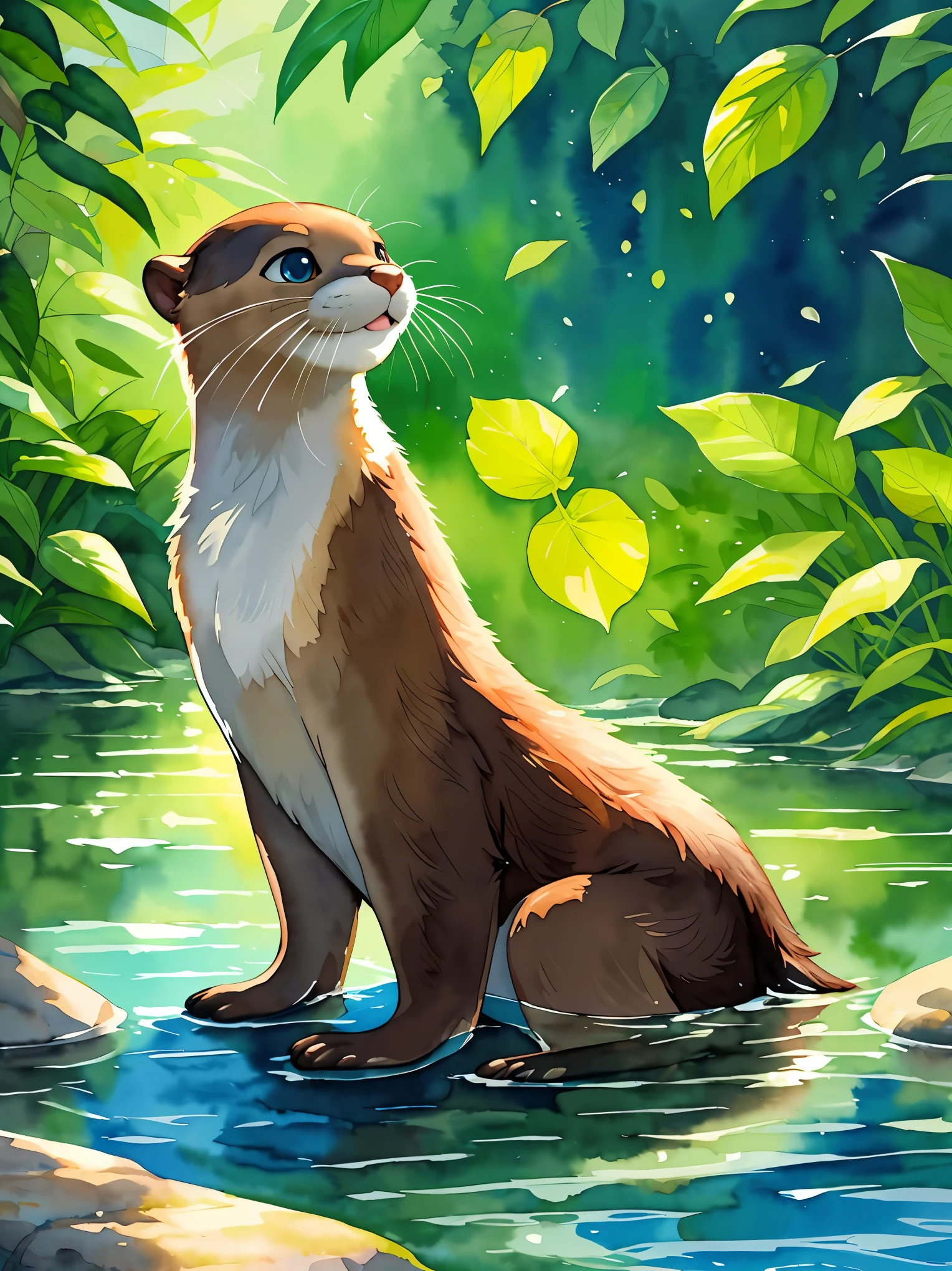 An otter playing in the water, clear river, green leaf background, cute expression, detailed fur, lively posture, high-resolution,illustration,watercolor painting,ultra-detailed,realistic,photorealistic,colorful,soft colors,vivid,backlit.