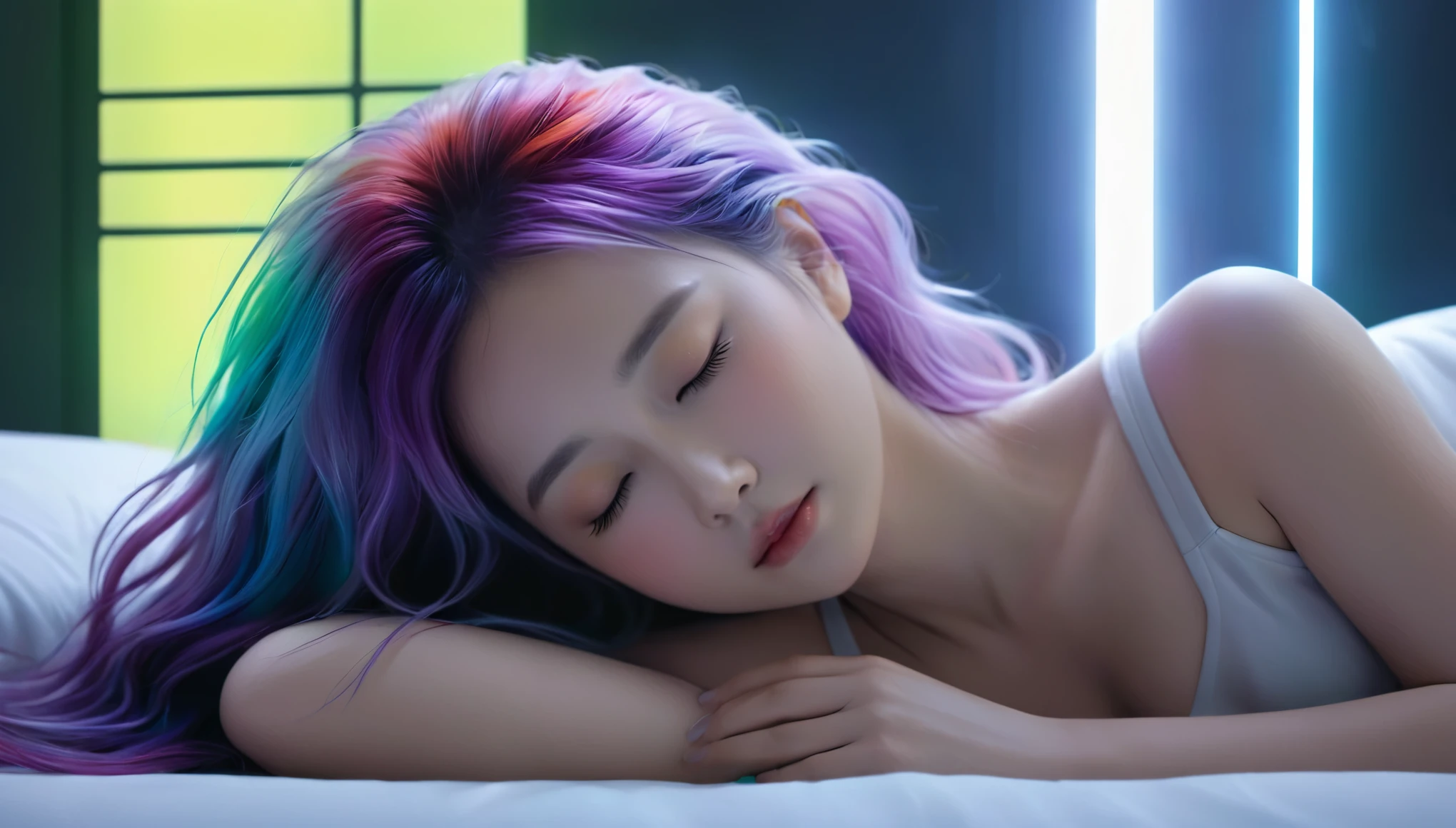 (best quality,8k,ultra-detailed:1.2),(CG,CG art,3D rendering),(masterpiece:1.2),（Crawling on the table），（Sexy clothing），(movie lighting,futuristic),(woman lying in bed,sleeping,closed eyes),(large window behind her,tranquil night),(colorful hair:1.5)