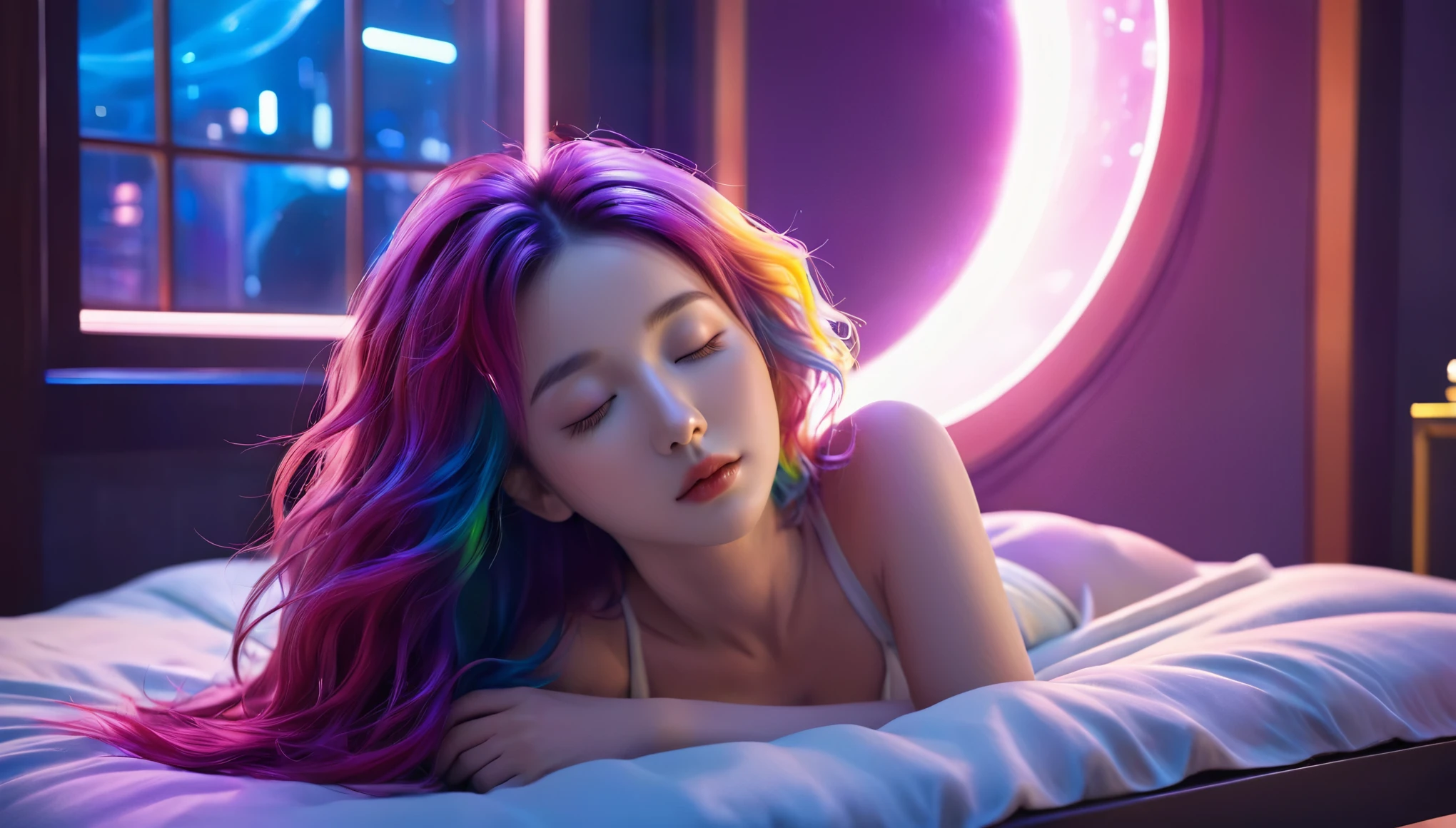 (best quality,8k,ultra-detailed:1.2),(CG,CG art,3D rendering),(masterpiece:1.2),（Crawling on the table），（Sexy clothing），(movie lighting,futuristic),(woman lying in bed,sleeping,closed eyes),(large window behind her,tranquil night),(colorful hair:1.5)