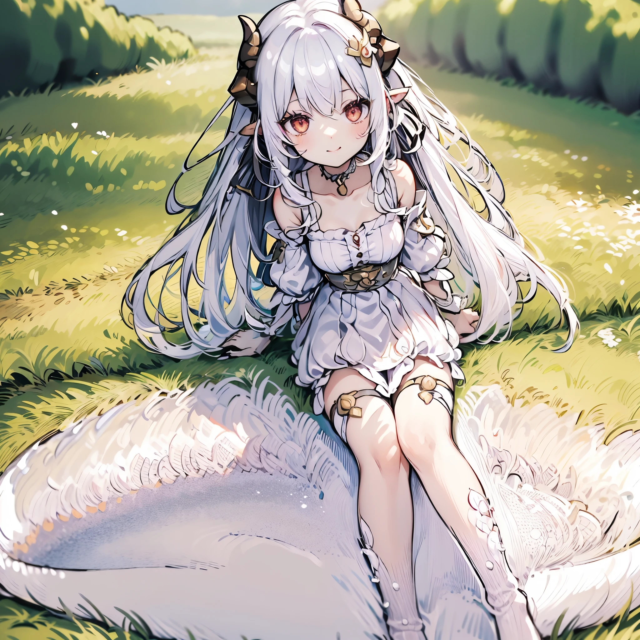 ((masterpiece)), ((bestquality)), (ultra-detailed), 1 girl, white hair, red eyes, w-sitting, detailed face, smile, dragonian_head, dragonian_body, dragonian_hairstyle, dragonian_horns, dragonian_tail, white tail, white long dress, white tights, black choker, silver circlet, hammer in hand, grassland, mountain, clear line, in the middle of picture, beatiful nature background