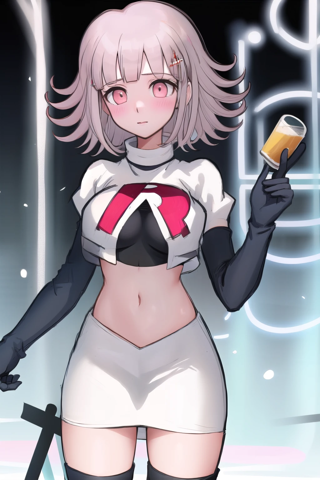 1girl, solo,Chiaki, hair ornament, hairclip, breasts,light pink hair, medium hair, cowboy shot, blushes, (perfect hands), team rocket,team rocket uniform,white skirt,red letter R,crop top,black thigh-highs,black elbow gloves