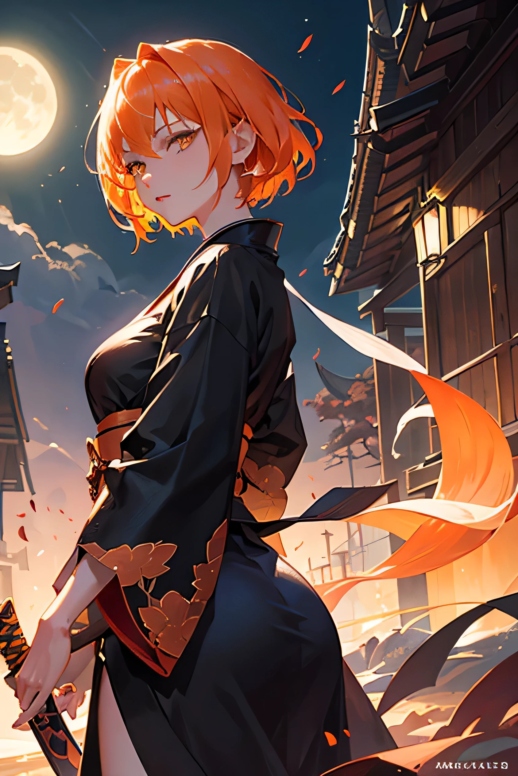 masterpiece, highest quality, so beautiful、up to date、Slender and cool girl, Orange Hair, short hair, Yellow Eyes、Shining Eyes、Beautiful Eyes、An adult woman wearing a black kimono and holding a sword、Moonlit Night、Demon slayer、Face close-up