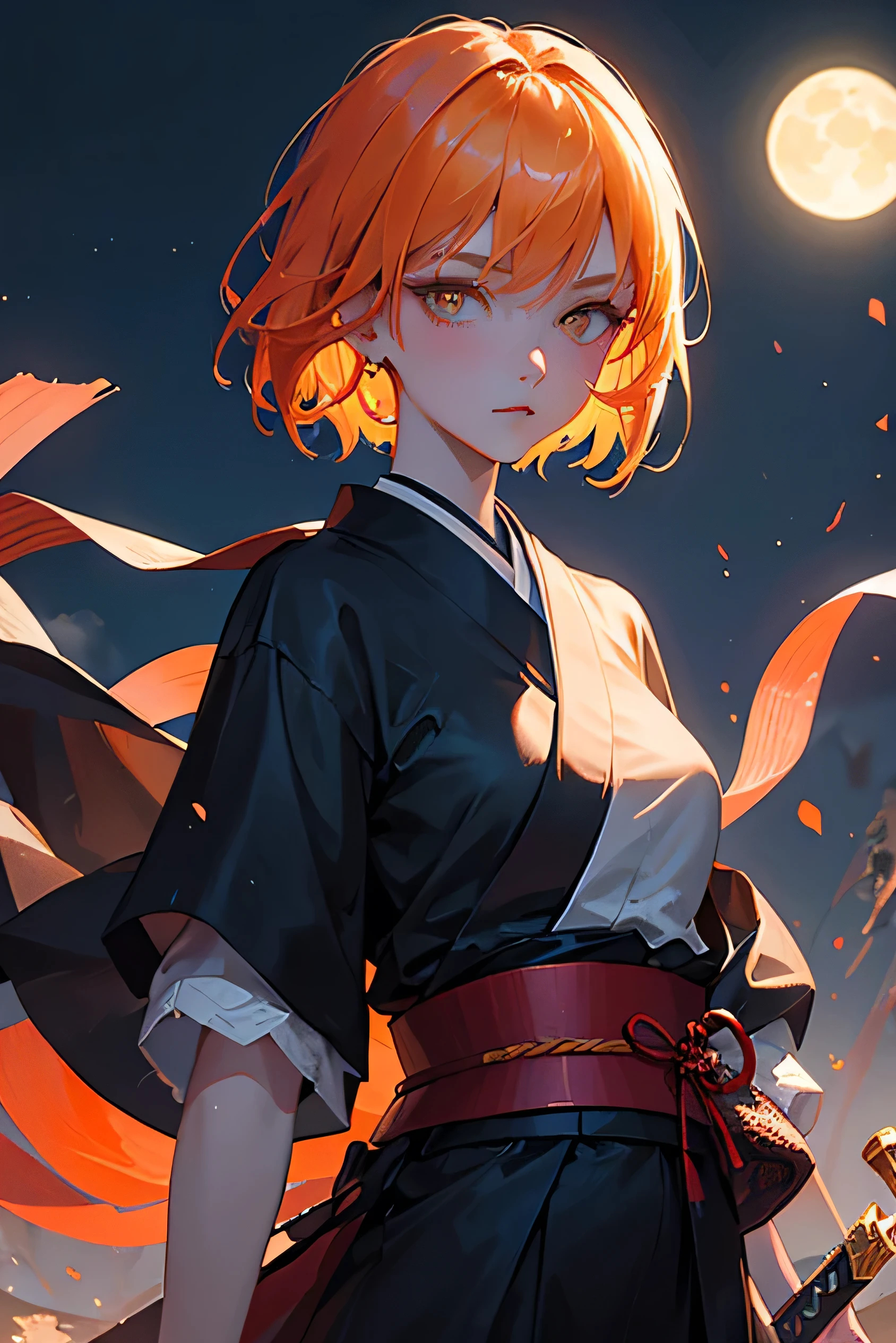 masterpiece, highest quality, so beautiful、up to date、Slender and cool girl, Orange Hair, short hair, Yellow Eyes、Shining Eyes、Beautiful Eyes、An adult woman wearing a black kimono and holding a sword、Moonlit Night、Demon slayer、Face close-up