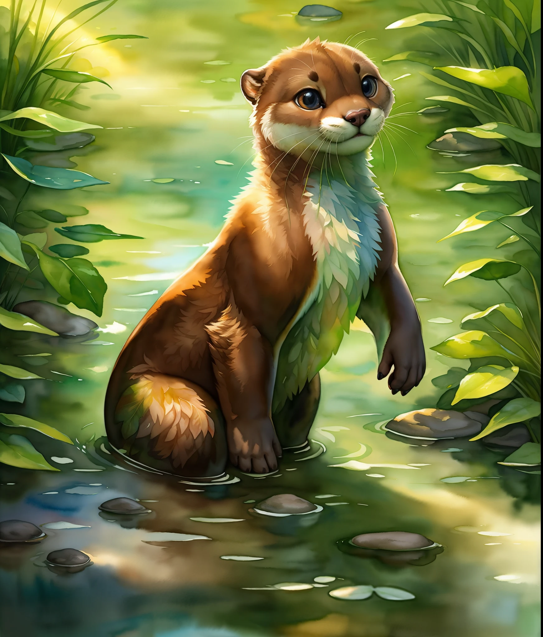 An otter playing in the water, clear river, green leaf background, cute expression, detailed fur, lively posture, high-resolution,illustration,watercolor painting,ultra-detailed,realistic,photorealistic,colorful,soft colors,vivid,backlit.