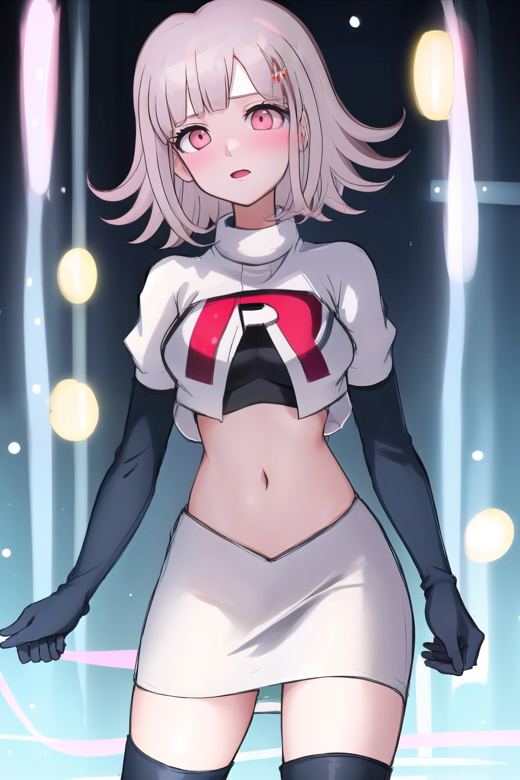 1girl, solo,Chiaki, hair ornament, hairclip, breasts,light pink hair, medium hair, cowboy shot, blushes, (perfect hands), team rocket,team rocket uniform,white skirt,red letter R,crop top,black thigh-highs,black elbow gloves