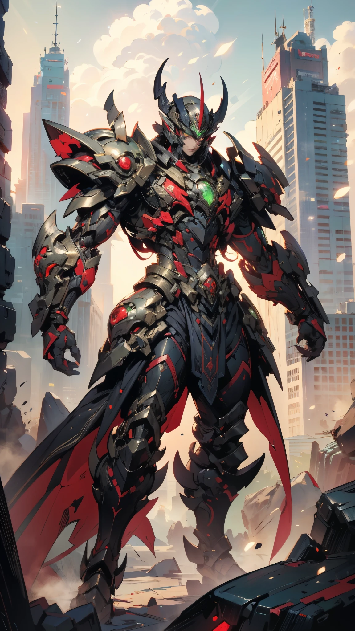 A man wearing a full-face helmet, a fantasy-style biotech armored combat suit, green eyes, (a composite layered chest armor), fully enclosed shoulder guards, matching arm and leg guards, the belt is adorned with Beetle-shaped gem, (the color scheme is primarily black with red accents), the design balances heavy with agility, a high-tech bio-mecha armor, (Dynastinae concept Armor, stand on the top of a skyscraper in a futuristic sci-fi city), this character embodies a finely crafted fantasy-surreal style armored hero in anime style, exquisite and mature manga art style, (element, plasma, energy, the armor glows), ((male:1.5)), metallic, real texture material, dramatic, high definition, best quality, highres, ultra-detailed, ultra-fine painting, extremely delicate, professional, perfect body proportions, golden ratio, anatomically correct, symmetrical face, extremely detailed eyes and face, high quality eyes, creativity, RAW photo, UHD, 32k, Natural light, cinematic lighting, masterpiece-anatomy-perfect, masterpiece:1.5